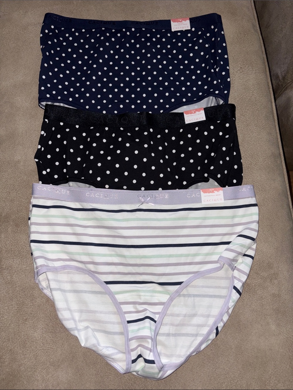 Cacique Navy & Black Polka Dot and Pastel Stripe Bikini Briefs (3-Pack)